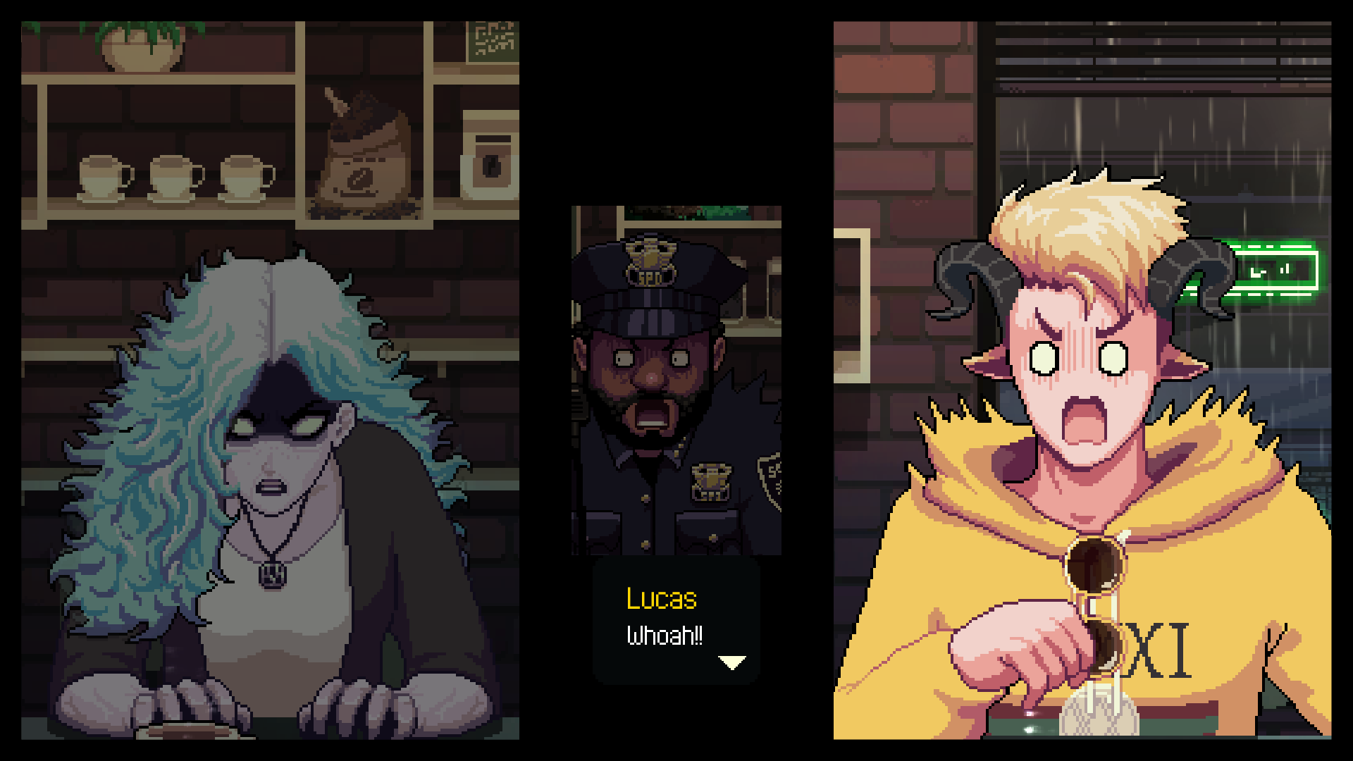 A satyr is shocked as a banshee appears in a cafe in Coffee Talk Episode 2