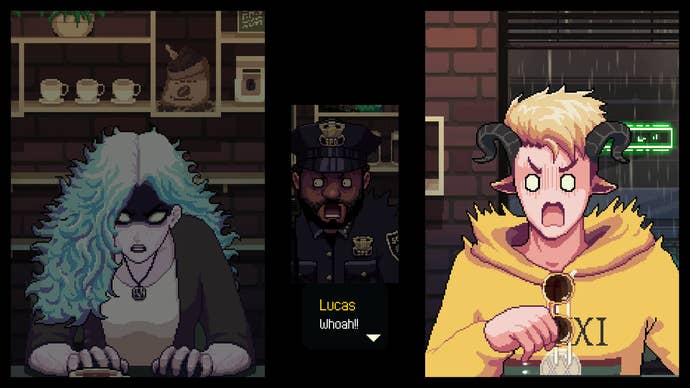 A satyr is shocked as a banshee appears in a cafe in Coffee Talk Episode 2