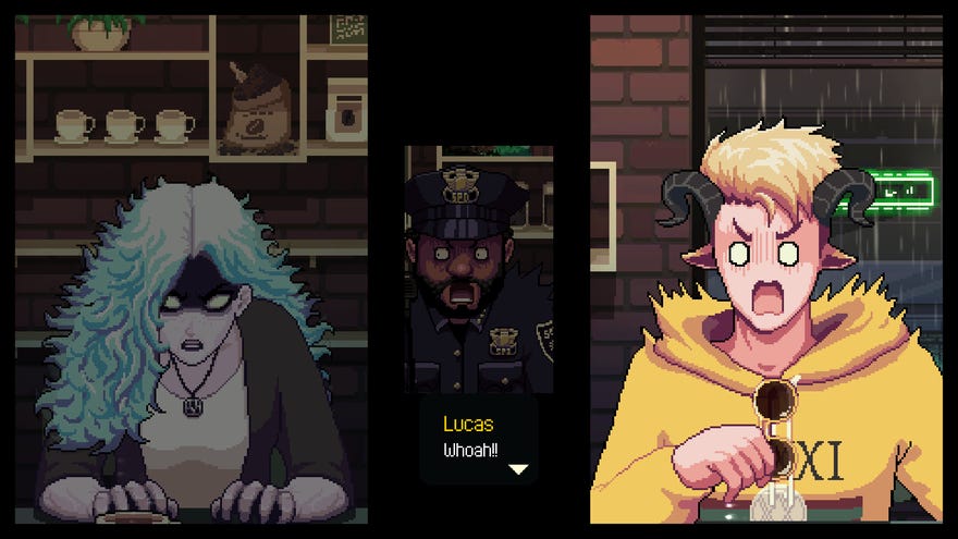 A satyr is shocked as a banshee appears in a cafe in Coffee Talk Episode 2