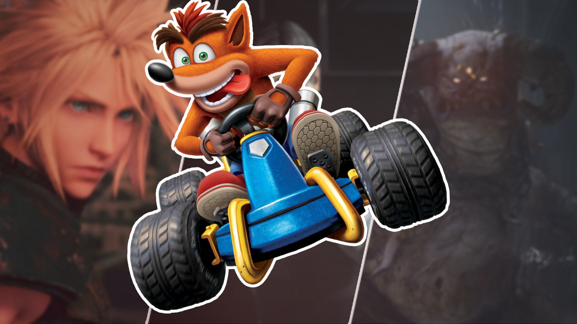 A cutout of Crash Bandicoot in a go-kart, over the top of a trilogy of images depticting Cloud from FFVII, Leon from Resi 2, and a demon from Demon's Souls. - 1