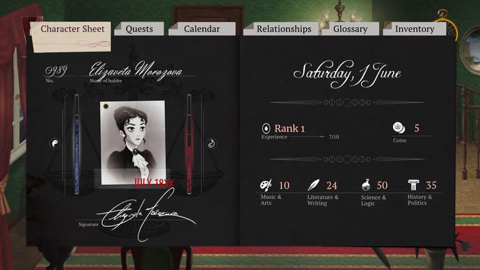 Cabernet screenshot of Lisa's character sheet