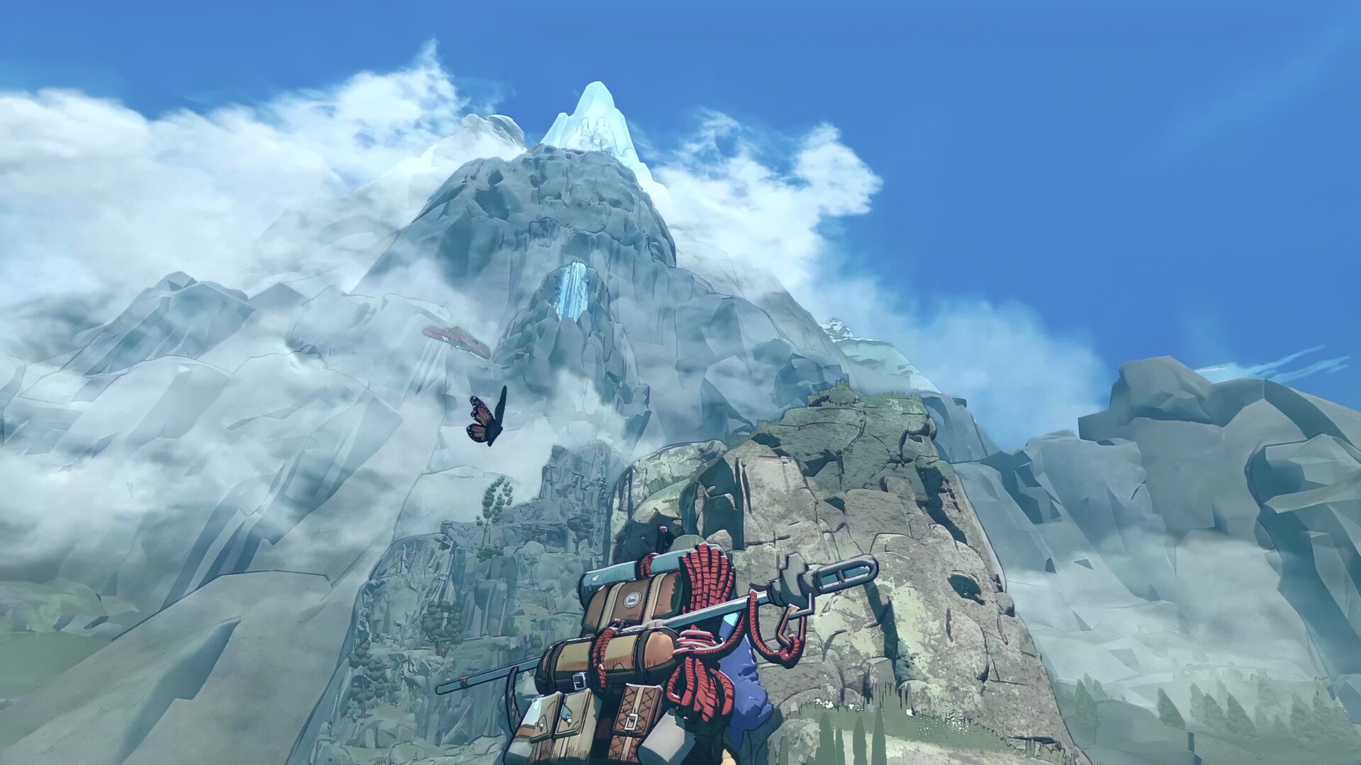 A view up over a climber's shoulder at a mountain peak behind ridges of rock and heaped clouds. From the game Cairn. - 1