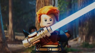 Screenshot from recent Star Wars Lego promo showing Cal Kestis holding a blue lightsabre