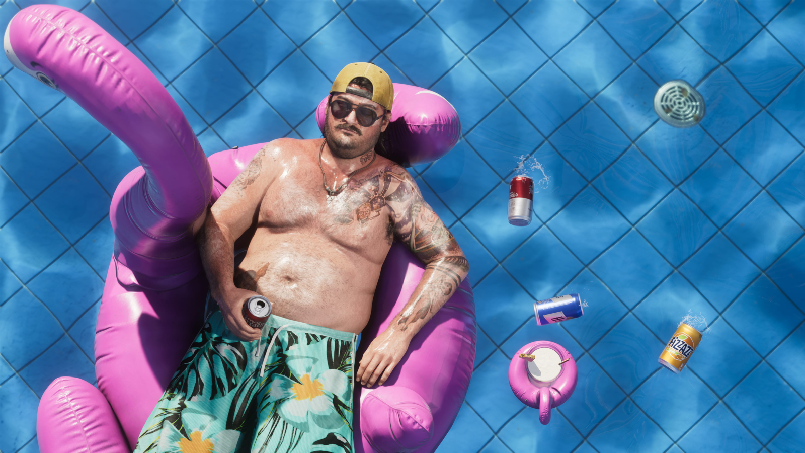 Cal from GTA 6, floating topless on a pink flamingo in a swimming pool