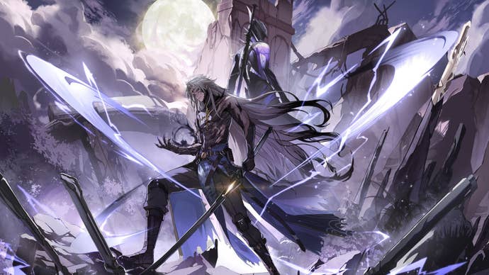 Artwork showing Calcharo from Wuthering Waves brooding alongside one of his phantoms.