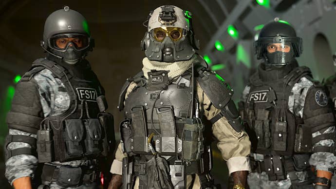 A screenshot from Call Of Duty: Warzone 2 showing three soldiers stood side by side