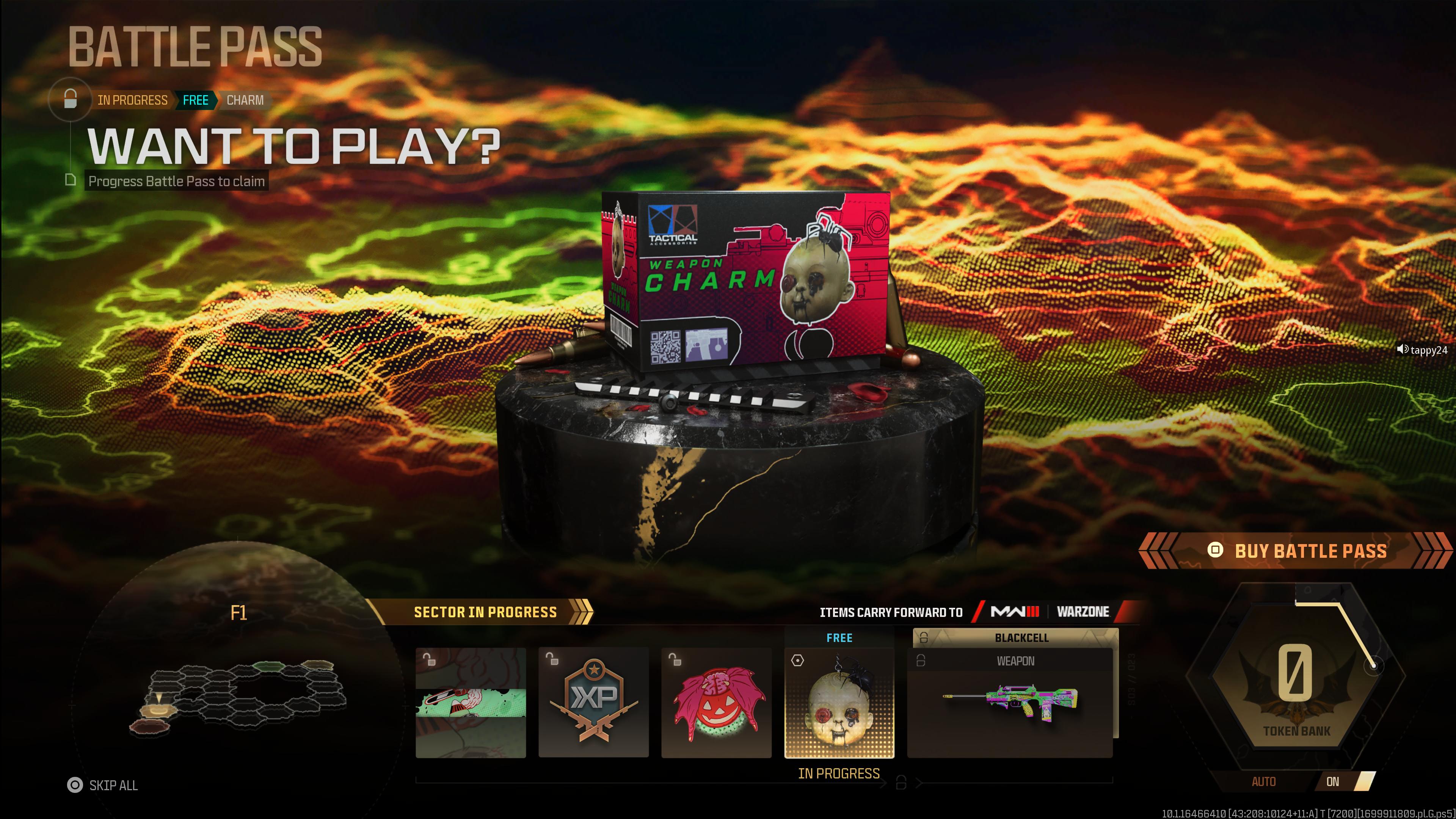 Call of Duty Modern Warfare 3 screenshot of a very garish advert for Battle Pass rewards