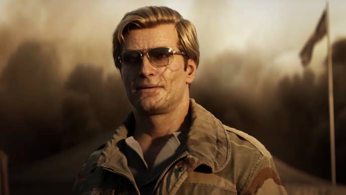 Call of Duty Black Ops 6 screenshot from trailer showing a man in sunglasses and a camouflage jacket
