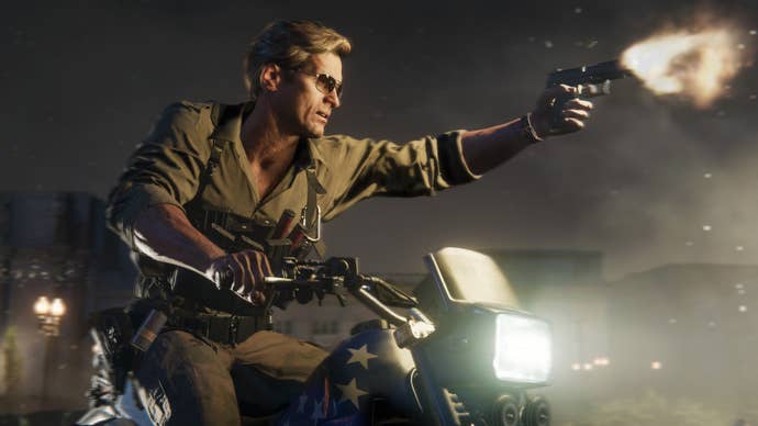Call of Duty Black Ops 6 screenshot showing male character on a motorbike firing a gun at night