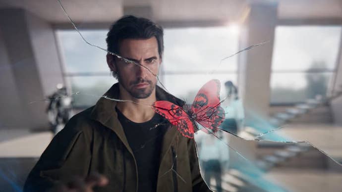 Call of Duty Black Ops 7 trailer screenshot showing Milo Ventimiglia looking at a red butterfly as glass cracks around it
