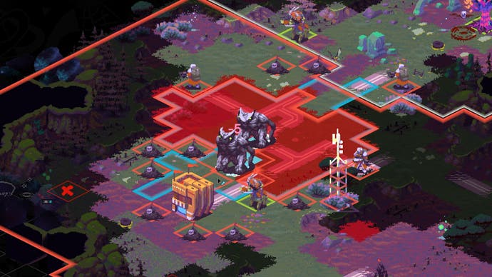 Cantata screen of a strategy map with square tiles, large grey golem-like units, some buildings, and a fascinating art style of bright, clashing retro colours.