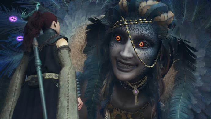 Screenshot of Dragon's Dogma 2 showing female player character looking up at giant feathered harpy woman with glowing eyes