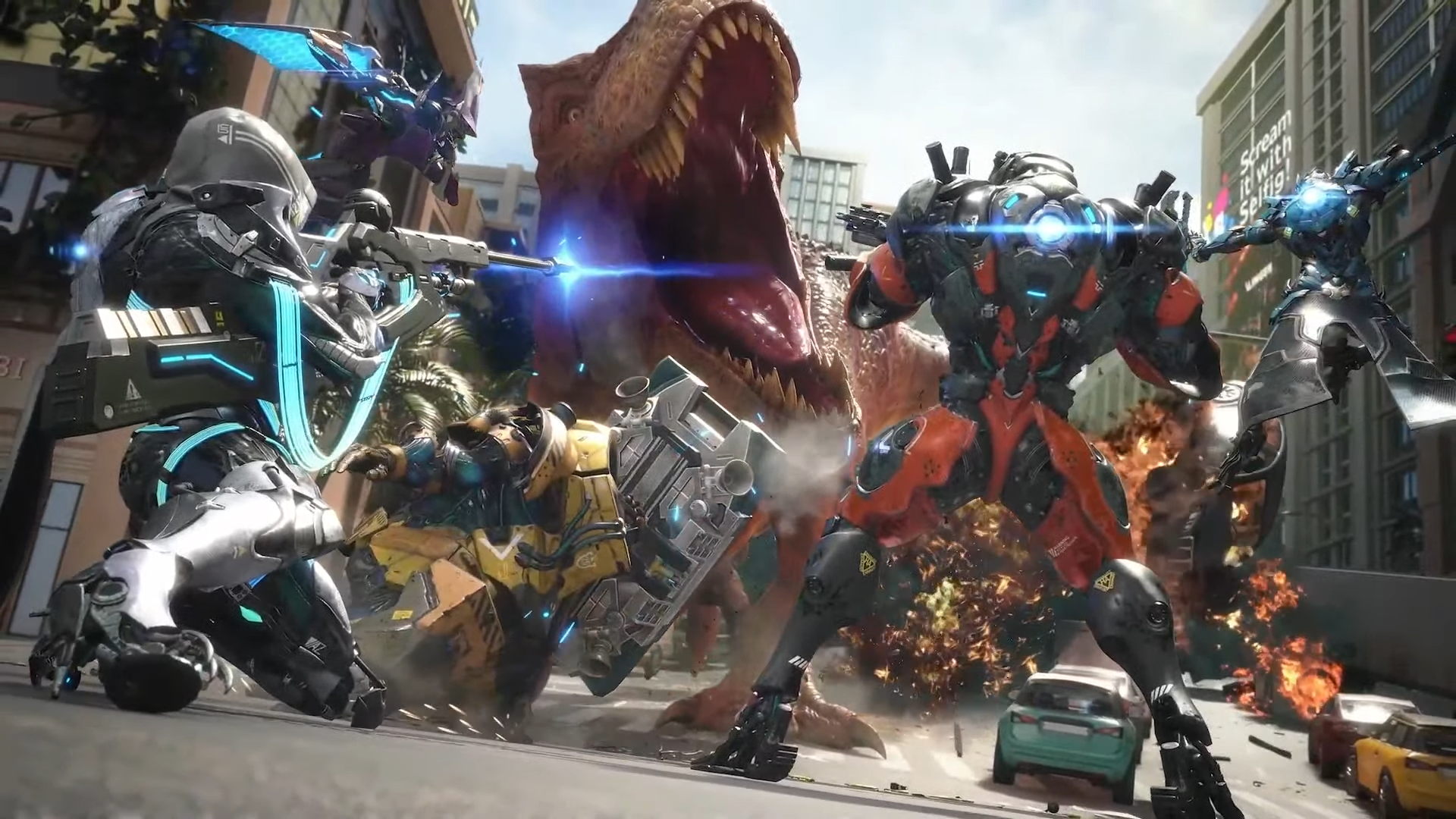 Exoprimal suits versus a T-Rex