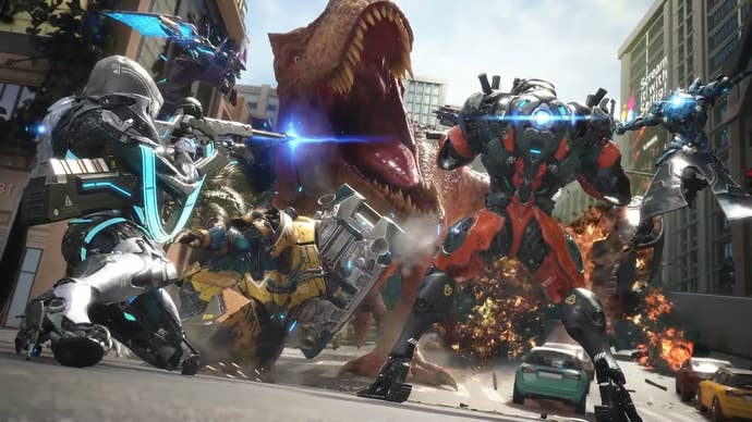 Exoprimal suits versus a T-Rex