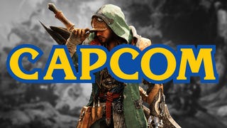 Monster Hunter Wilds default male protagonist with a massive yellow and blue Capcom logo over the top, with a black and white background from the game behind.