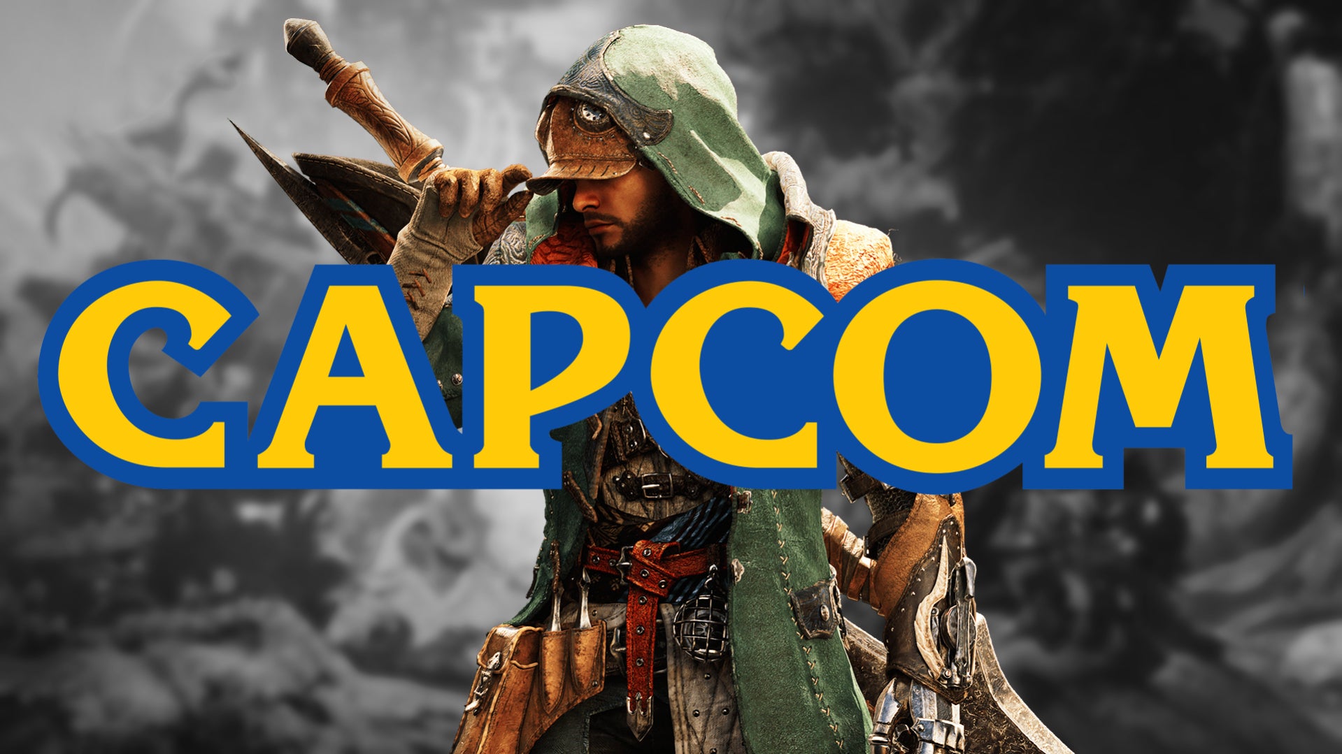 Monster Hunter Wilds default male protagonist with a massive yellow and blue Capcom logo over the top, with a black and white background from the game behind. - 1