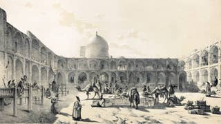 A drawing of a caravanserai in Qazvin, Iran, by Eugène Flandin.