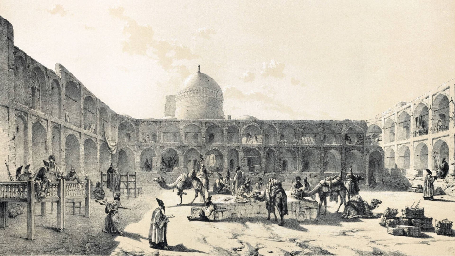 A drawing of a caravanserai in Qazvin, Iran, by Eugène Flandin. - 1