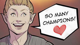 Cartoon of Elder Scrolls 4's adoring fan with a speech bubble reading 'So Many Champions' and a love heart
