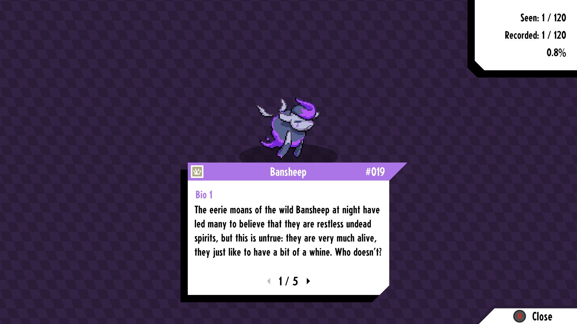 Cassette Beasts review - screenshot showing a creature called Bansheep and its description
