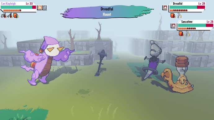 Cassette Beasts review - screenshot showing one monster on the left battling two on the right
