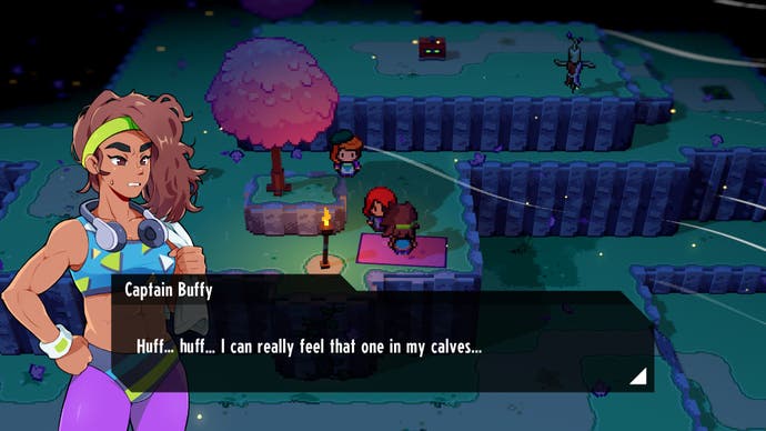 Cassette Beasts review - screenshot showing a character in workout gear in the foreground with a dialogue window, background is the overworld at night with your sprite chatting to another
