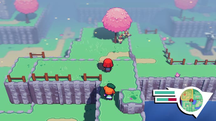 Cassette Beasts review - screenshot showing your sprite walkign away from camera on a green grassy platform towards a pink cherry blossom tree
