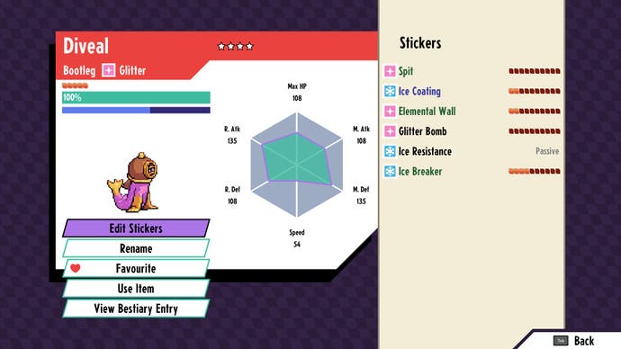 Cassette Beasts review - screenshot showing the stats page of a creature with a clear Pokémon inspiration