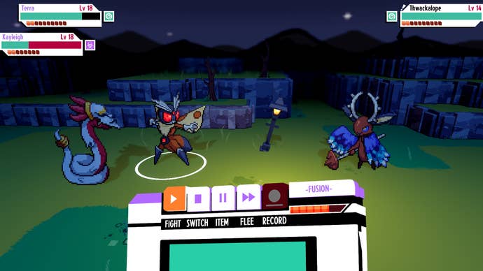 Two creatures battle a horned rabbit creature at night in Cassette Beasts