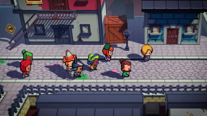 Eight pixel people run across the town in a screenshot from Cassette Beasts