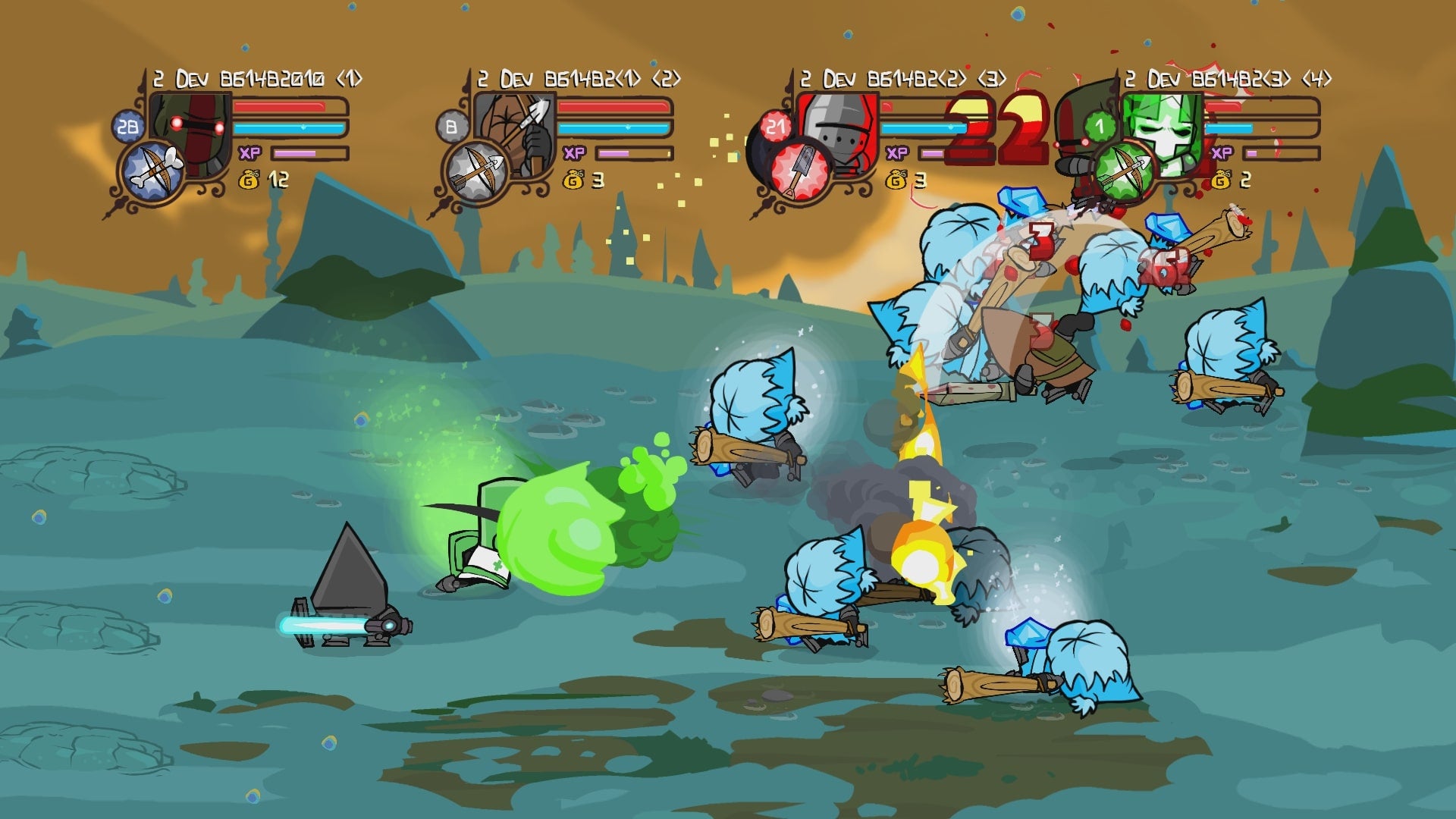 Four co-op players using goo and fire in Castle Crashers. - 9