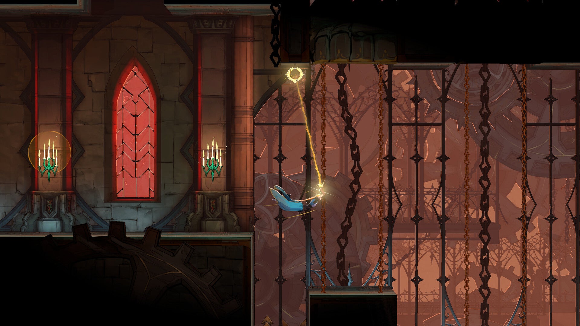 Rose using her whip to swing through the level in Castlevania: Belmont's Curse