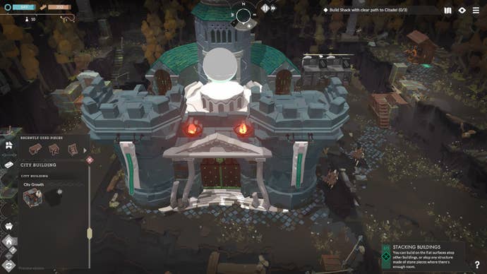 The base at the centre of a camp in Cataclismo - there’s a stone building with a pearly orb on top.