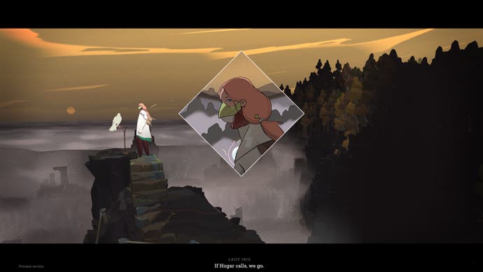 A cut-scene from Cataclismo showing a hero overlooking a misty forest with a bird beside them. Picture-in-picture offers a portrait of their head.