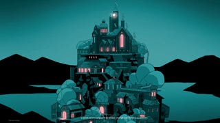 An illustrated cut-scene from Cataclismo, showing a complex jumble of buildings on a mountain at night.