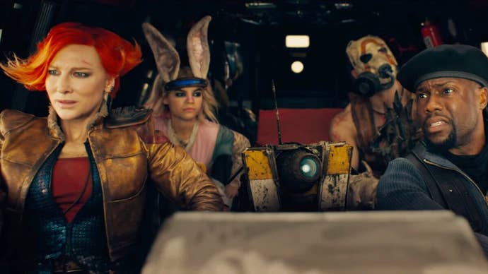 The cast of the Borderlands film in a vehicle