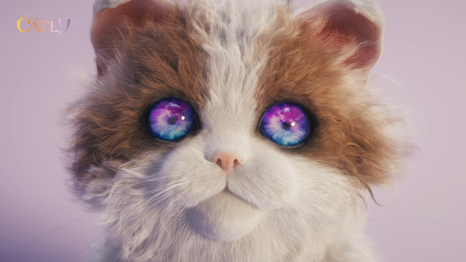 Catly screenshot showing extreme close up of furry cat with rainbow eyes