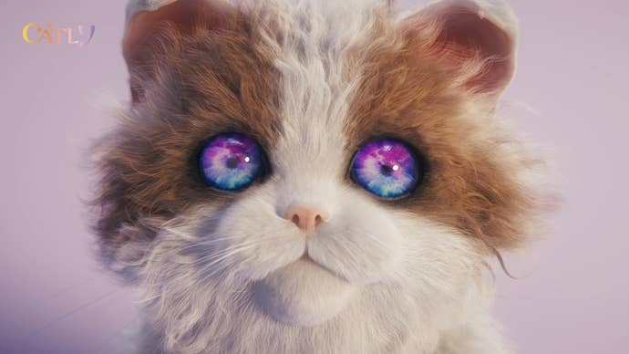Catly screenshot showing extreme close up of furry cat with rainbow eyes