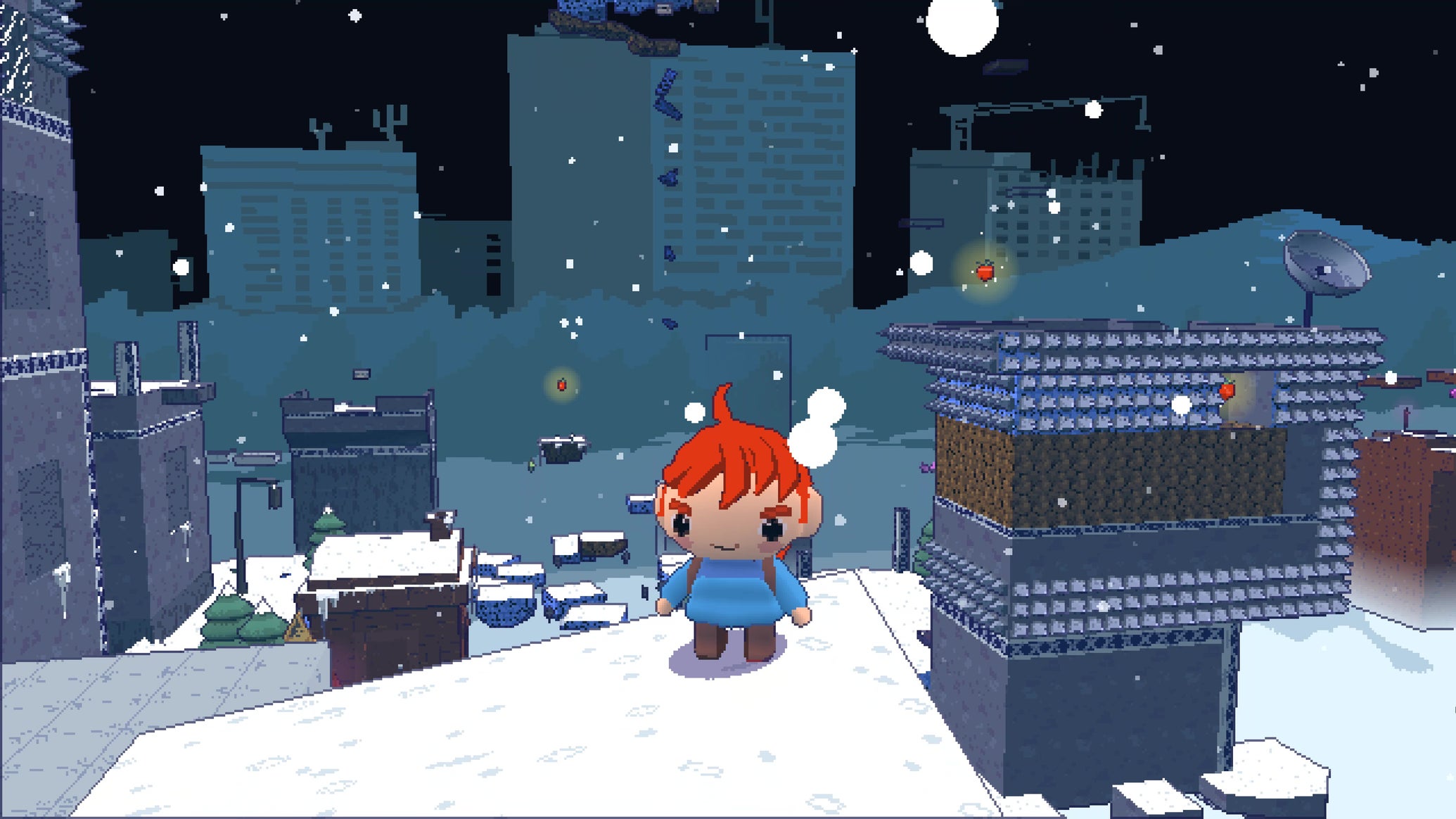 A red-haired girl stands on a snowy rooftop in Celeste 64: Fragments Of The Mountain - 1