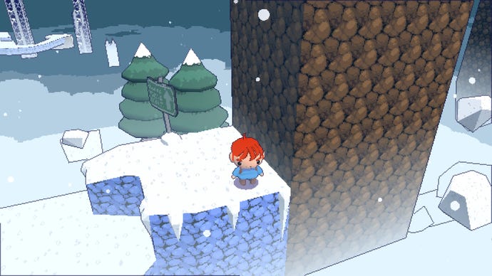 A red haired girl stands on a snowy landscape in Celeste 64: The Fragments Of The Mountain