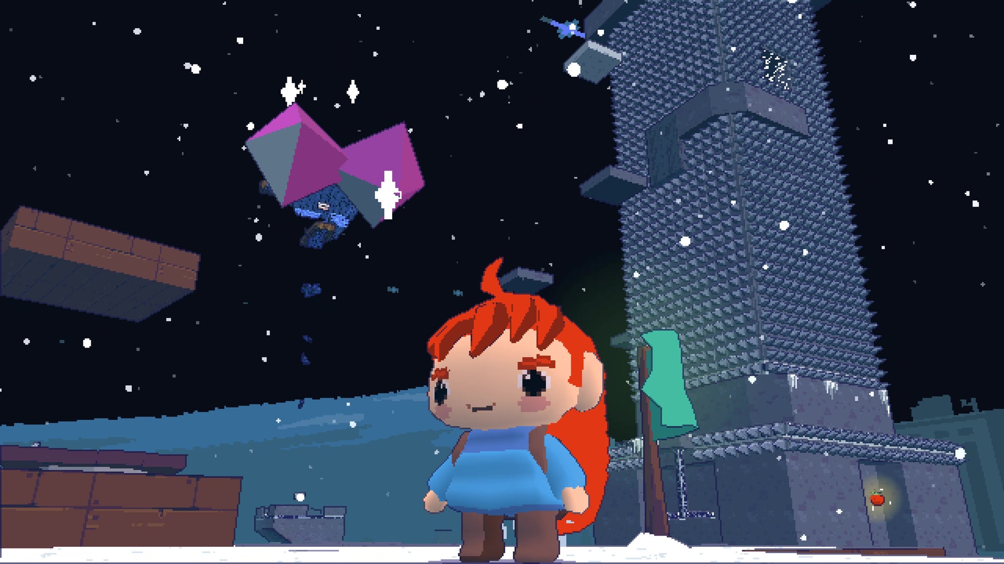 A small red-haired girl stands next to a purple power up in Celeste 64: The Fragments Of The Mountain - 5