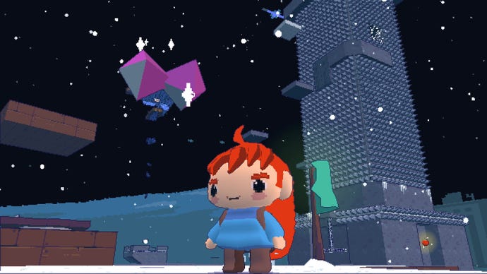 A small red-haired girl stands next to a purple power up  in Celeste 64: The Fragments Of The Mountain