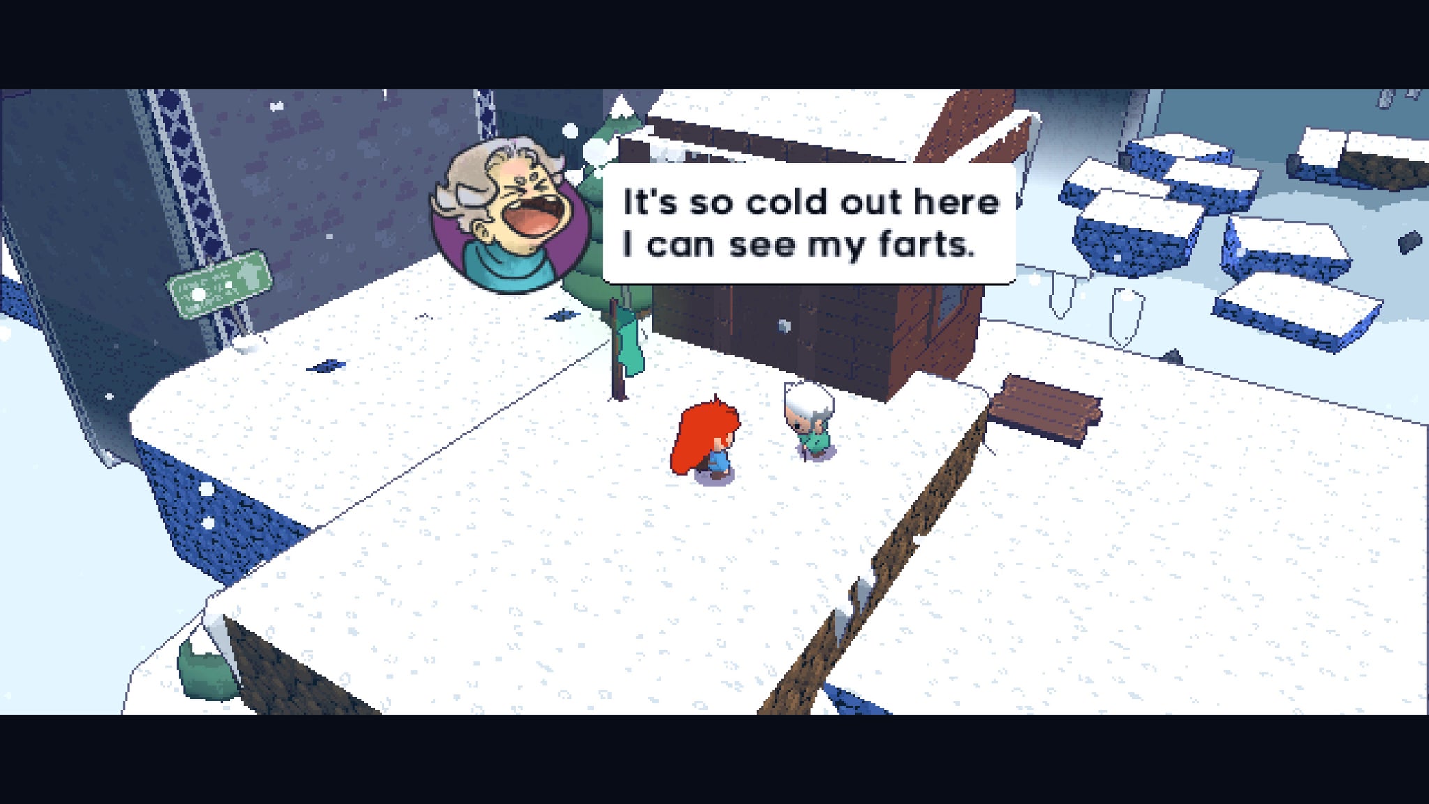 A red-haired girl talks to a granny in the snow in Celeste 64: The Fragments Of The Mountain - 4