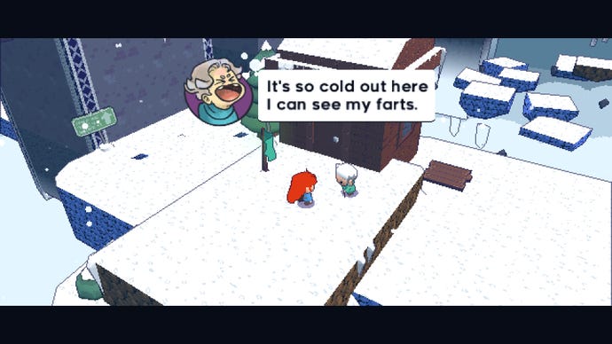 A red-haired girl talks to a granny in the snow in Celeste 64: The Fragments Of The Mountain