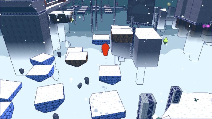 A red-haired girl jumps over snowy platforms in Celeste 64: The Fragments Of The Mountain