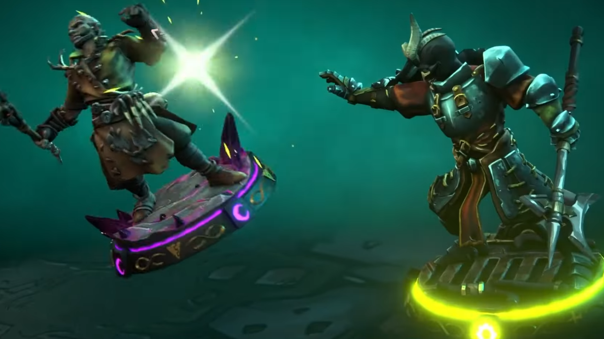 Screenshot from Champions Tactics trailer showing one fantasy figurine firing magic at another