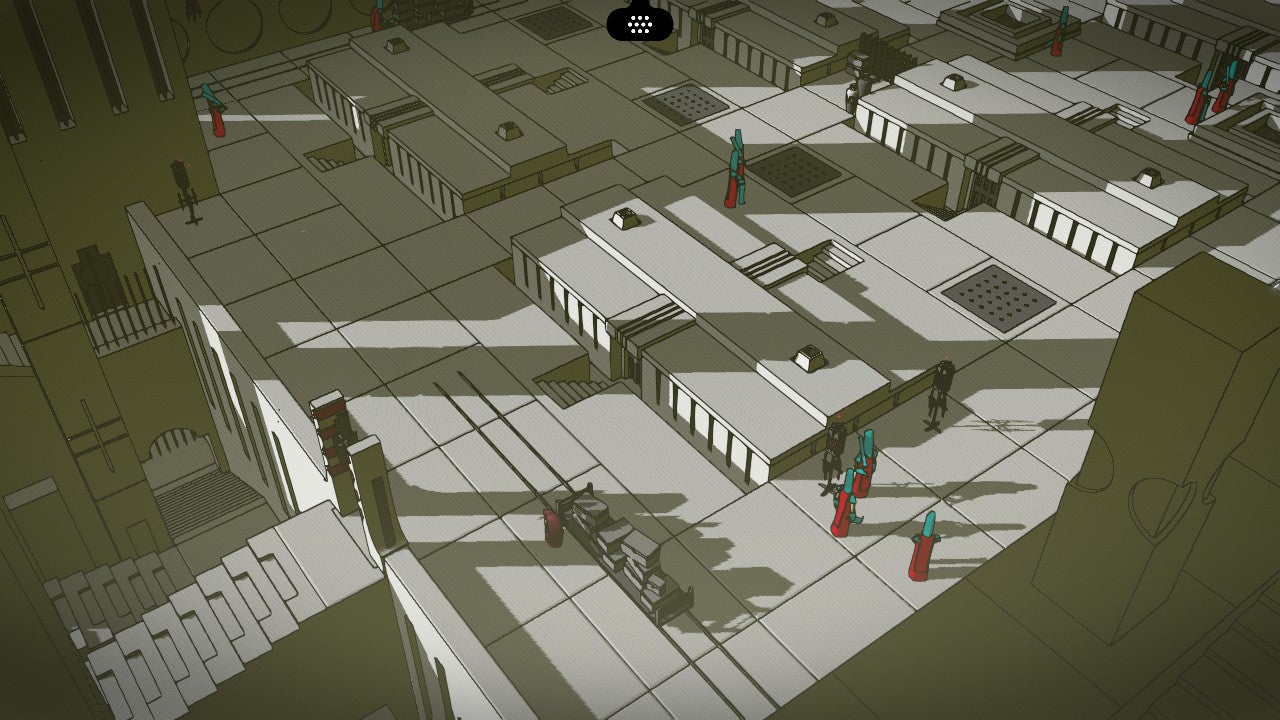 Chants of Sennaar showing a stealth section as the character crosses a heavily patrolled courtyard