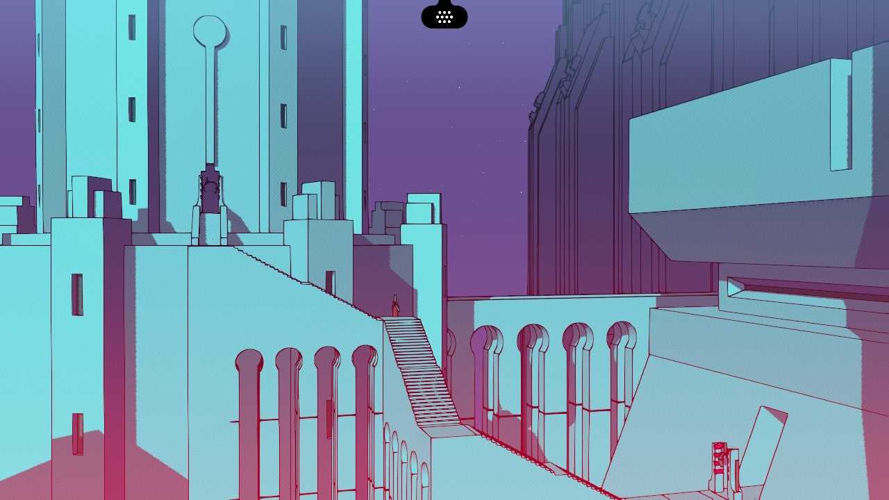 Chants of Sennaar tower vista showing walkways and columns at night