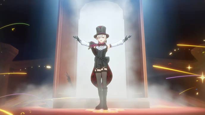 Lyney in his magician’s outfit flourishing after exiting a box on stage with a white glow around him.