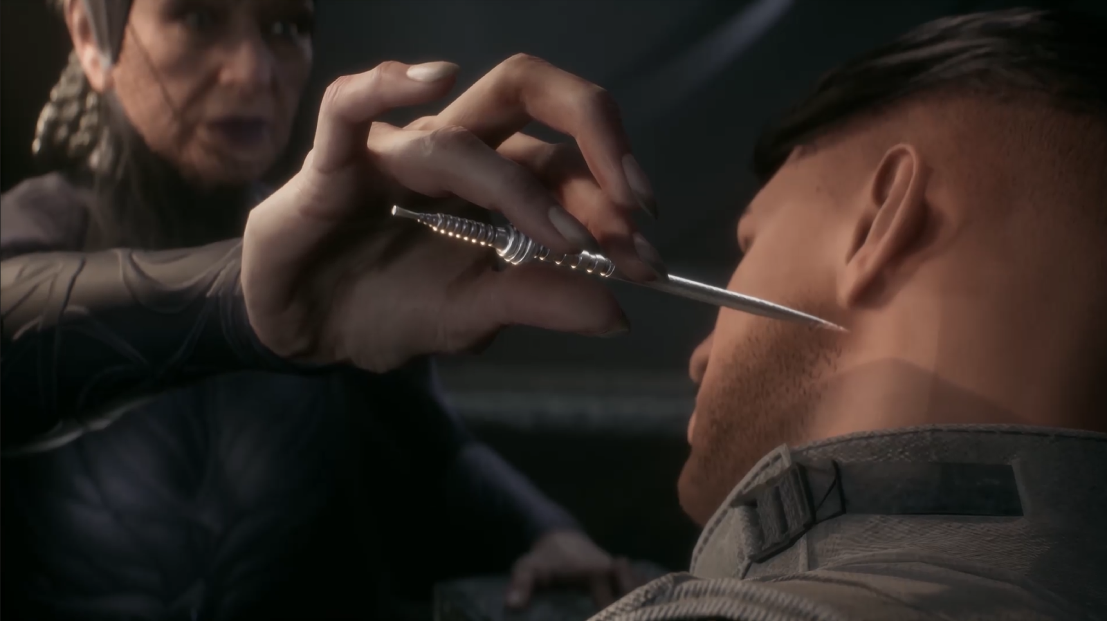 Dune: Awakening screenshot showing woman holding a needle-like device over a man&rsquo;s neck